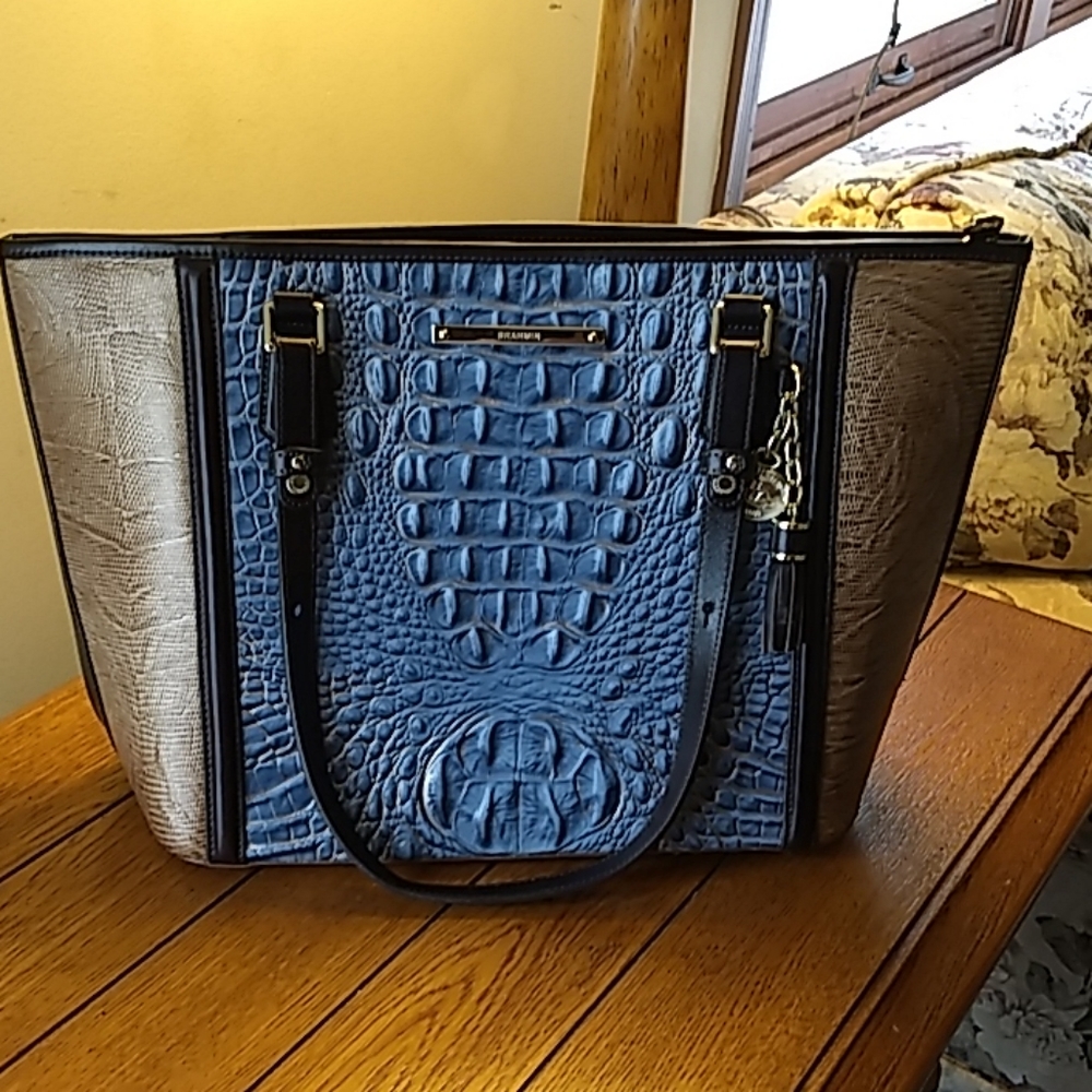 Brahmin large Asher blue/tan w/dark brown trim